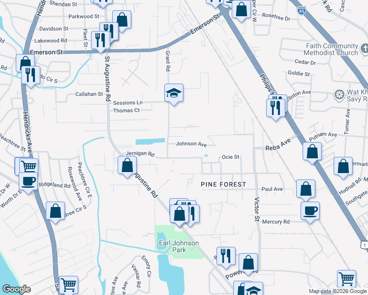 map of restaurants, bars, coffee shops, grocery stores, and more near 2332 Johnson Avenue in Jacksonville