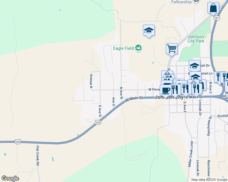 map of restaurants, bars, coffee shops, grocery stores, and more near 701 West Pecan Street in Johnson City