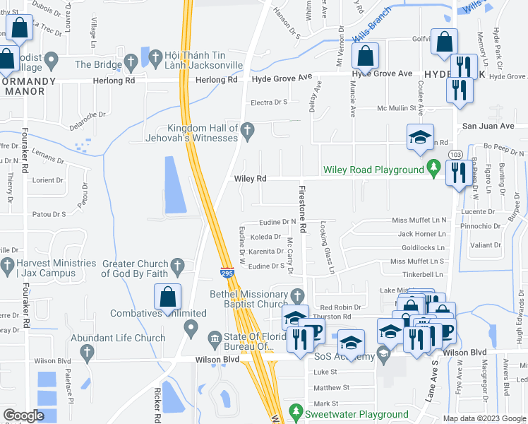 map of restaurants, bars, coffee shops, grocery stores, and more near 7166 Conant Avenue in Jacksonville