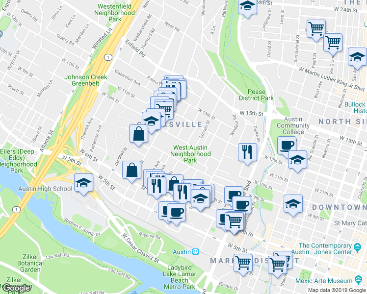 map of restaurants, bars, coffee shops, grocery stores, and more near 910 Maufrais Street in Austin