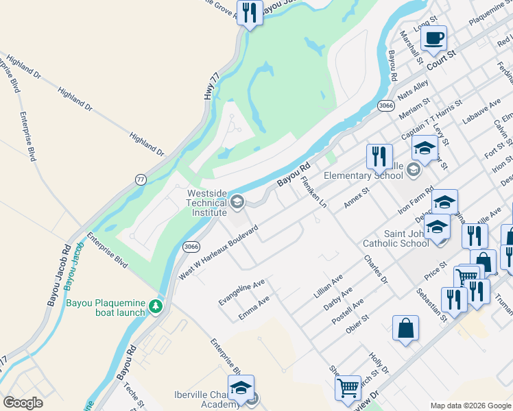 map of restaurants, bars, coffee shops, grocery stores, and more near 59125 Bayou Road in Plaquemine