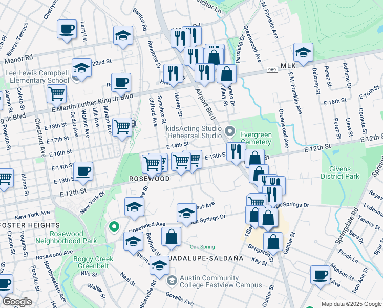 map of restaurants, bars, coffee shops, grocery stores, and more near 3006 East 13th Street in Austin