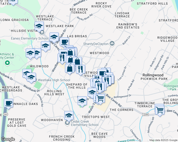 map of restaurants, bars, coffee shops, grocery stores, and more near 200 Blue Ridge Trail in Austin
