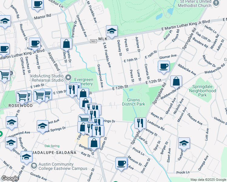 map of restaurants, bars, coffee shops, grocery stores, and more near 3513 East 12th Street in Austin