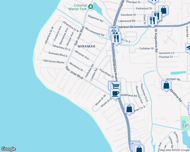 map of restaurants, bars, coffee shops, grocery stores, and more near 4155 London Road in Jacksonville