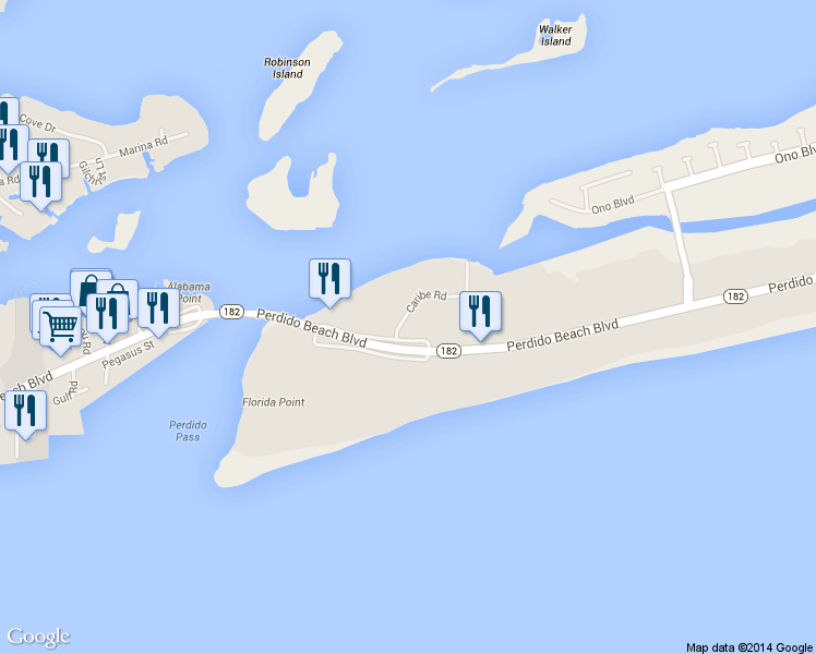 map of restaurants, bars, coffee shops, grocery stores, and more near 28107 Perdido Beach Boulevard in Orange Beach