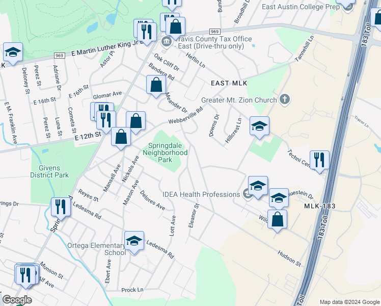map of restaurants, bars, coffee shops, grocery stores, and more near 1313 Fort Branch Boulevard in Austin