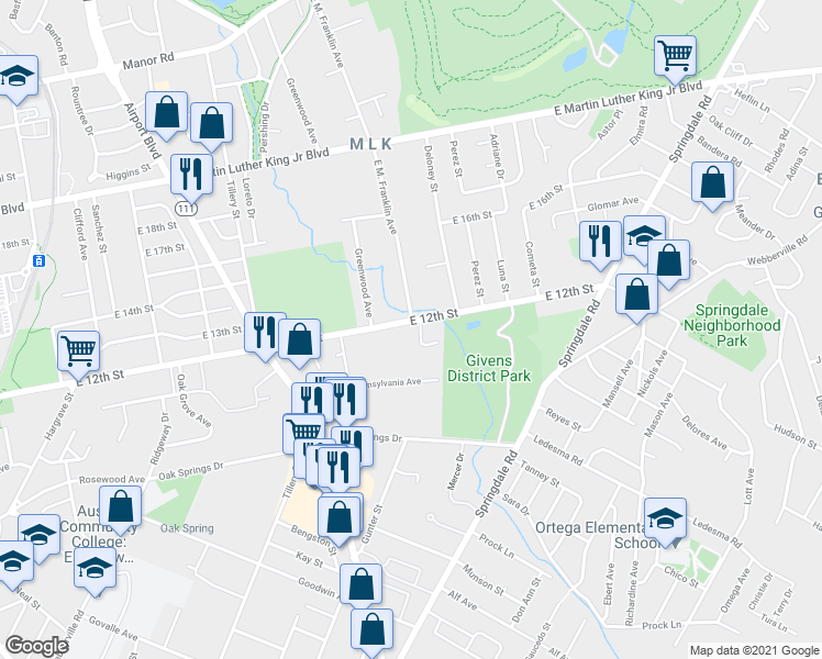 map of restaurants, bars, coffee shops, grocery stores, and more near 3513 East 12th Street in Austin