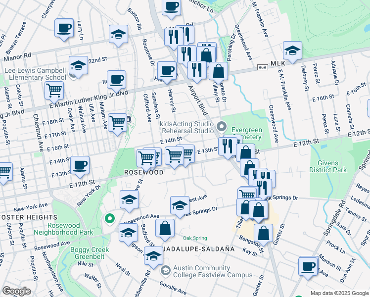 map of restaurants, bars, coffee shops, grocery stores, and more near 3006 East 13th Street in Austin