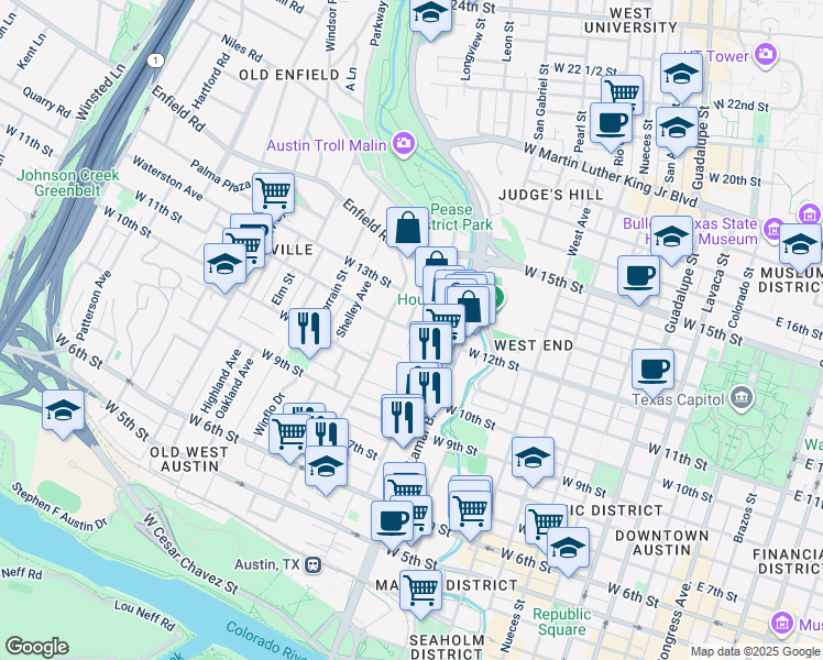 map of restaurants, bars, coffee shops, grocery stores, and more near 101 Castle Court in Austin