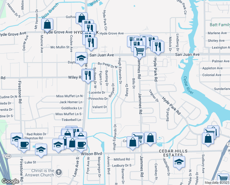 map of restaurants, bars, coffee shops, grocery stores, and more near 6547 Lucente Drive in Jacksonville