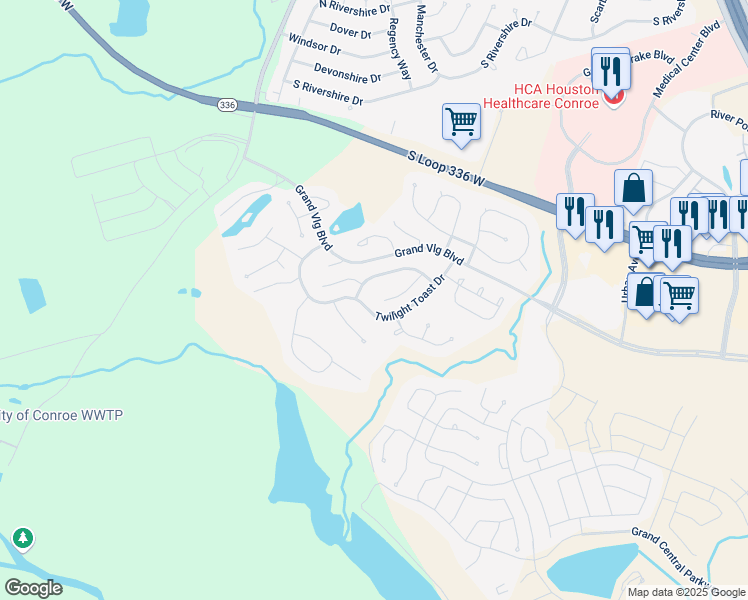 map of restaurants, bars, coffee shops, grocery stores, and more near 142 Coral Bells Court in Conroe