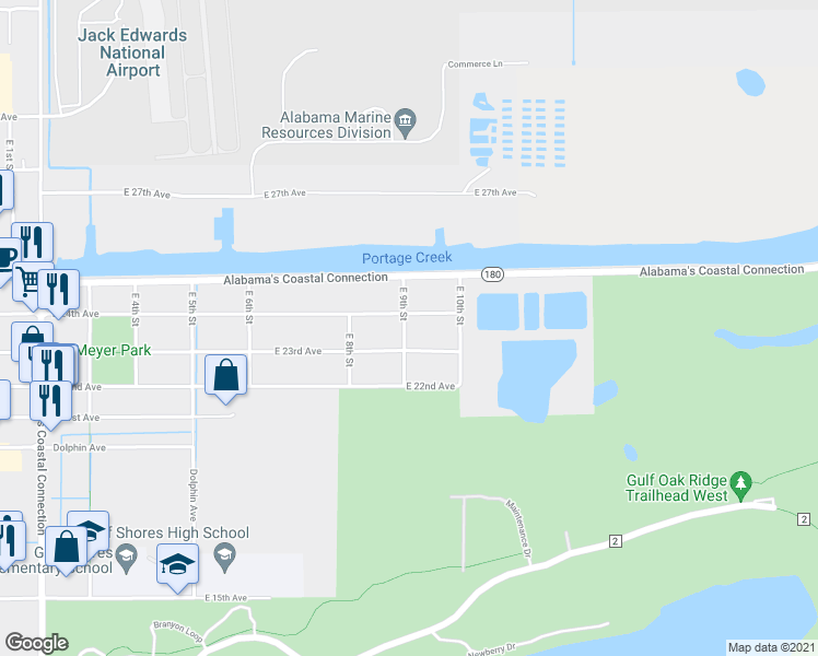 map of restaurants, bars, coffee shops, grocery stores, and more near 1003 East 9th Street in Gulf Shores