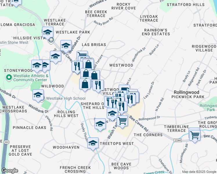 map of restaurants, bars, coffee shops, grocery stores, and more near 200 Blue Ridge Trail in Austin