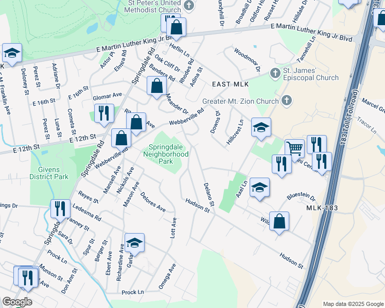 map of restaurants, bars, coffee shops, grocery stores, and more near 1313 Fort Branch Boulevard in Austin