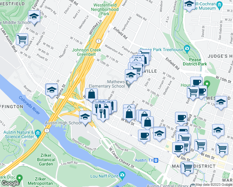 map of restaurants, bars, coffee shops, grocery stores, and more near 1614 West 8th Street in Austin