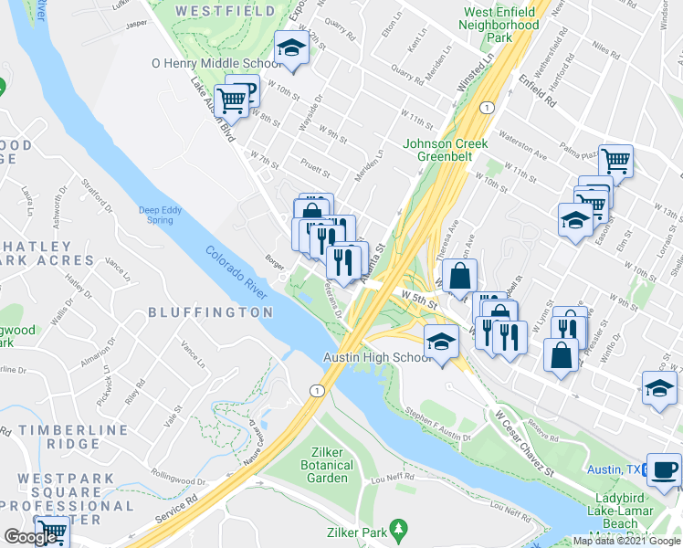 map of restaurants, bars, coffee shops, grocery stores, and more near Lake Austin Blvd & Upson St in Austin