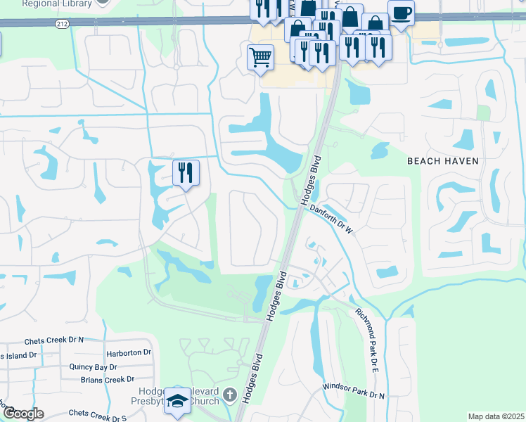 map of restaurants, bars, coffee shops, grocery stores, and more near 3750 Valverde Circle in Jacksonville