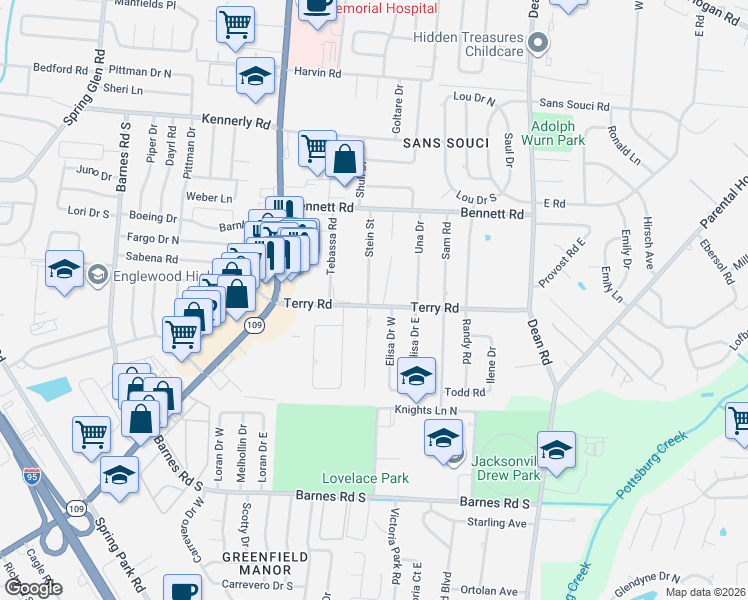 map of restaurants, bars, coffee shops, grocery stores, and more near 2557 Stein Street in Jacksonville