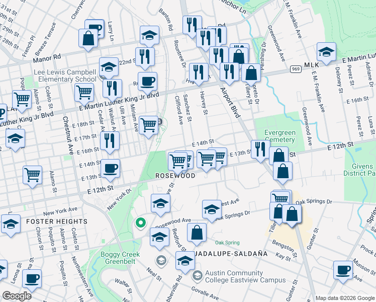 map of restaurants, bars, coffee shops, grocery stores, and more near 1306 Clifford Avenue in Austin