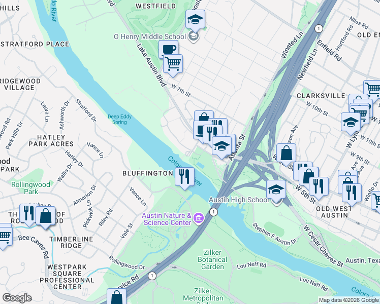 map of restaurants, bars, coffee shops, grocery stores, and more near Borger in Austin