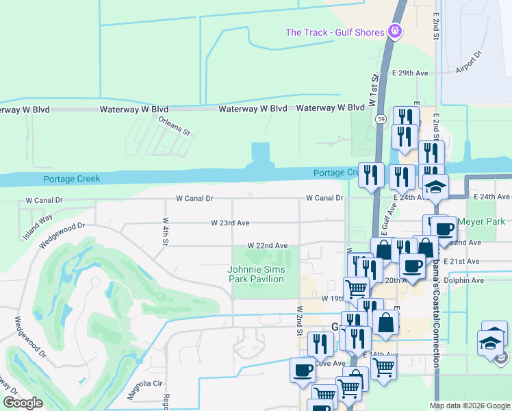 map of restaurants, bars, coffee shops, grocery stores, and more near 365 West Canal Drive in Gulf Shores