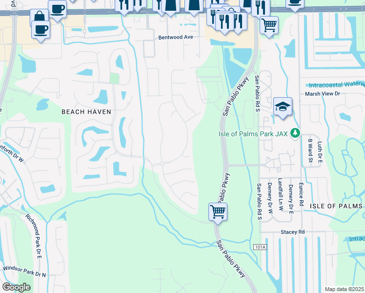 map of restaurants, bars, coffee shops, grocery stores, and more near 3754 Crossview Drive in Jacksonville
