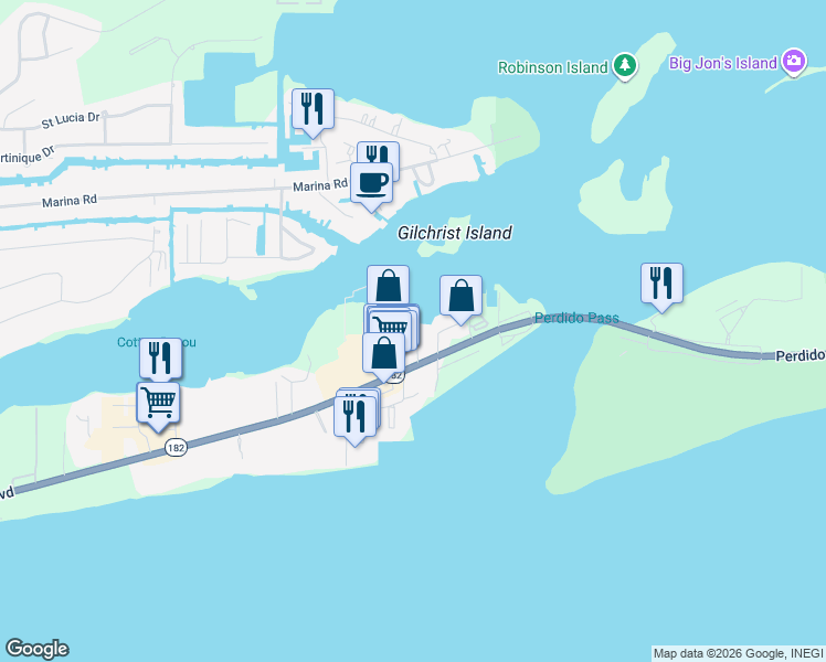 map of restaurants, bars, coffee shops, grocery stores, and more near 3542 Bayou Road in Orange Beach