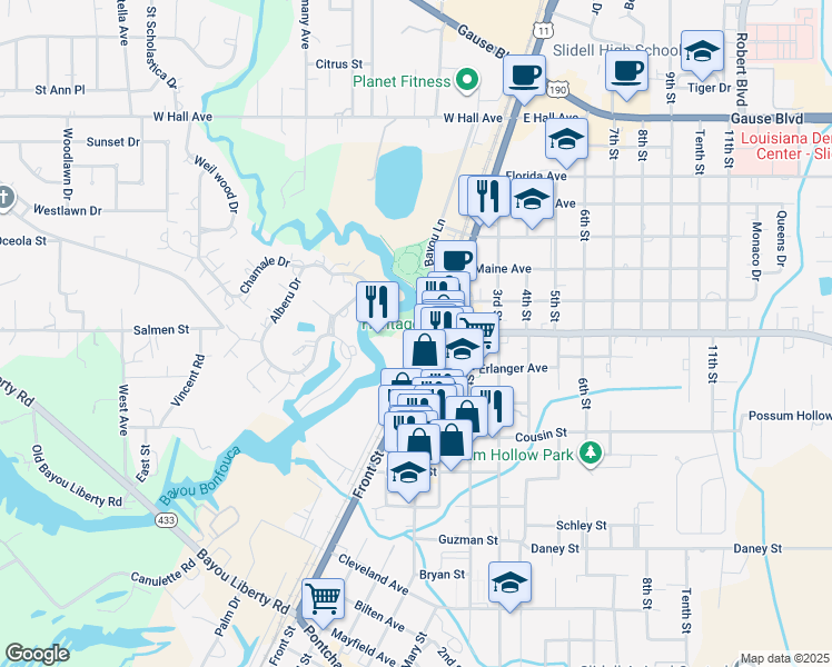 map of restaurants, bars, coffee shops, grocery stores, and more near 1901 Bayou Lane in Slidell