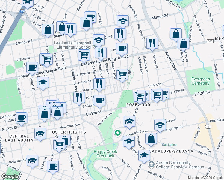 map of restaurants, bars, coffee shops, grocery stores, and more near 1405 Ulit Avenue in Austin