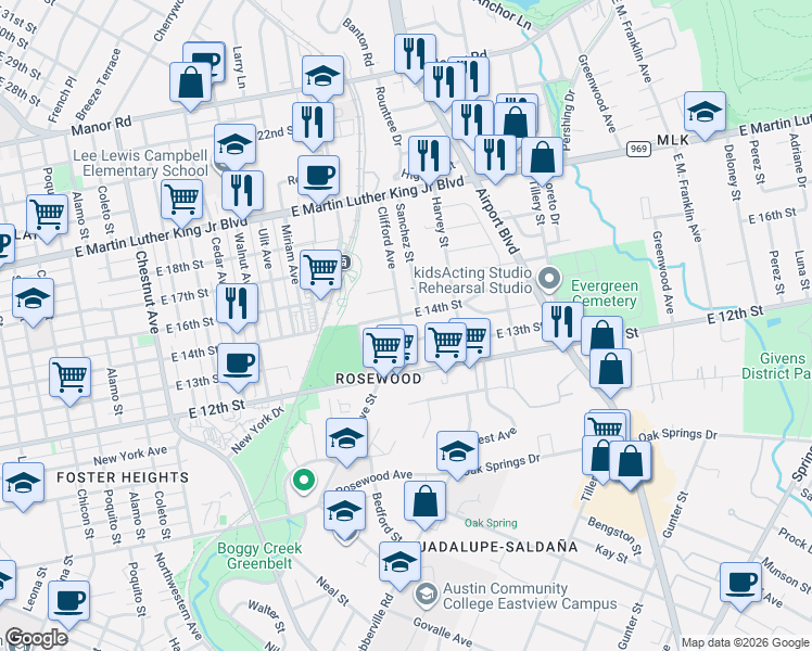 map of restaurants, bars, coffee shops, grocery stores, and more near 1306 Clifford Avenue in Austin