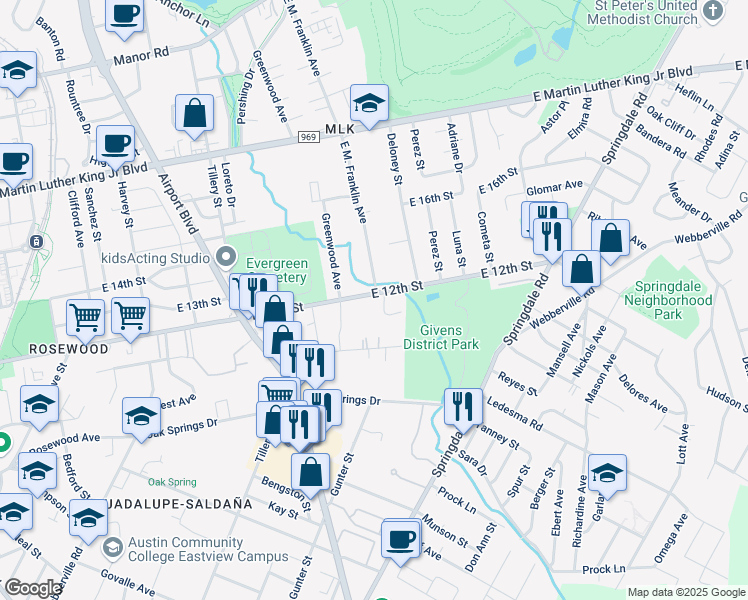 map of restaurants, bars, coffee shops, grocery stores, and more near 3513 East 12th Street in Austin