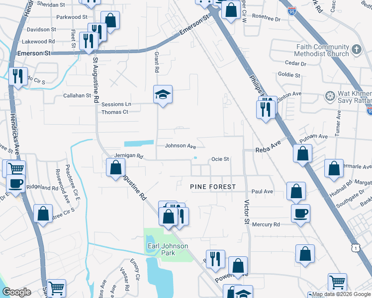 map of restaurants, bars, coffee shops, grocery stores, and more near 2416 Johnson Avenue in Jacksonville