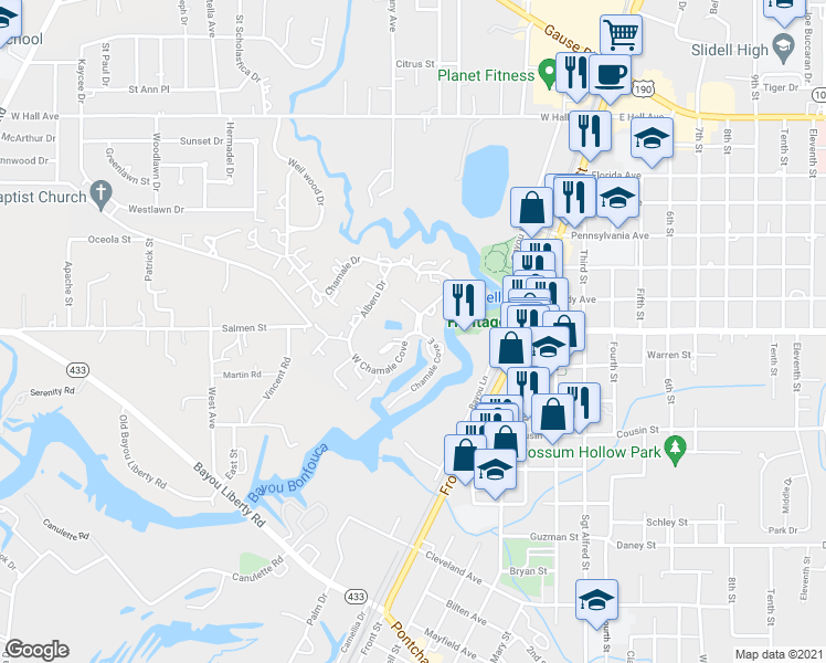 map of restaurants, bars, coffee shops, grocery stores, and more near 74 Chamale Cove in Slidell