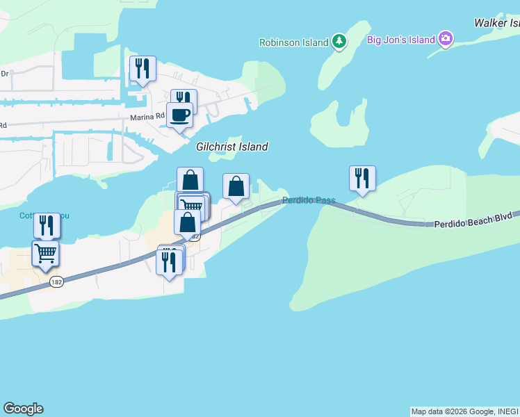 map of restaurants, bars, coffee shops, grocery stores, and more near 27501 Perdido Beach Boulevard in Orange Beach