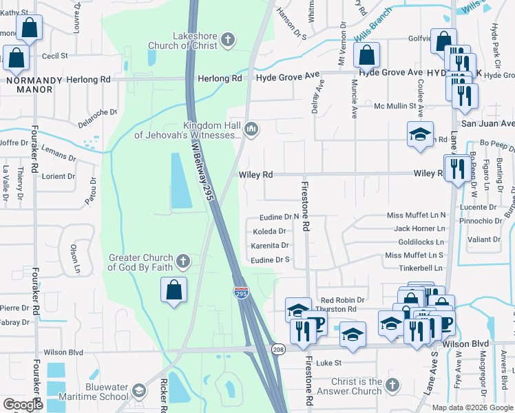 map of restaurants, bars, coffee shops, grocery stores, and more near 2191 Wiley Oaks Lane in Jacksonville
