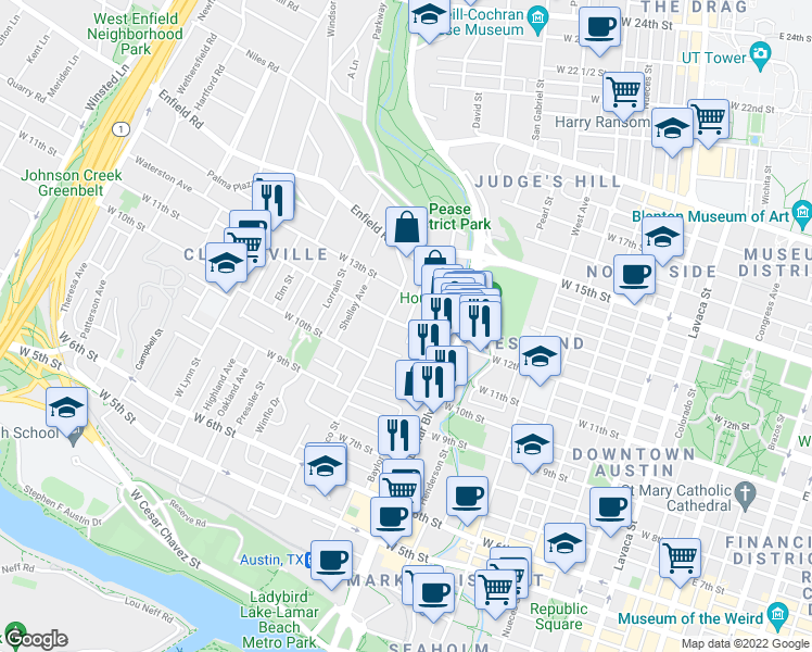 map of restaurants, bars, coffee shops, grocery stores, and more near 101 Castle Court in Austin