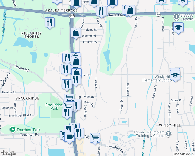 map of restaurants, bars, coffee shops, grocery stores, and more near 3813 Eve Drive East in Jacksonville