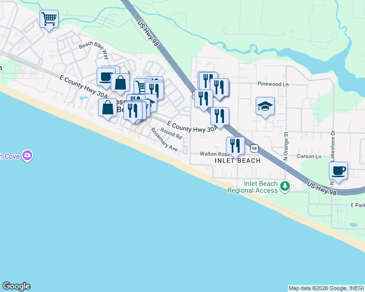 map of restaurants, bars, coffee shops, grocery stores, and more near 198 Round Road in Rosemary Beach