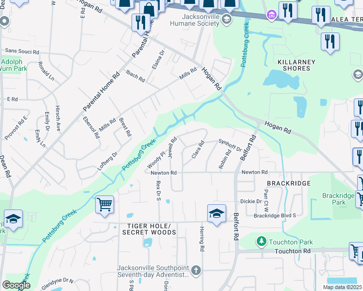 map of restaurants, bars, coffee shops, grocery stores, and more near 2734 Synhoff Drive West in Jacksonville