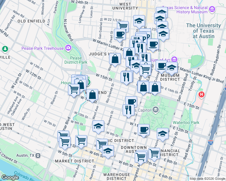 map of restaurants, bars, coffee shops, grocery stores, and more near 1402 Nueces Street in Austin