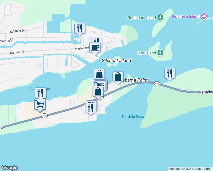 map of restaurants, bars, coffee shops, grocery stores, and more near 3542 Bayou Road in Orange Beach