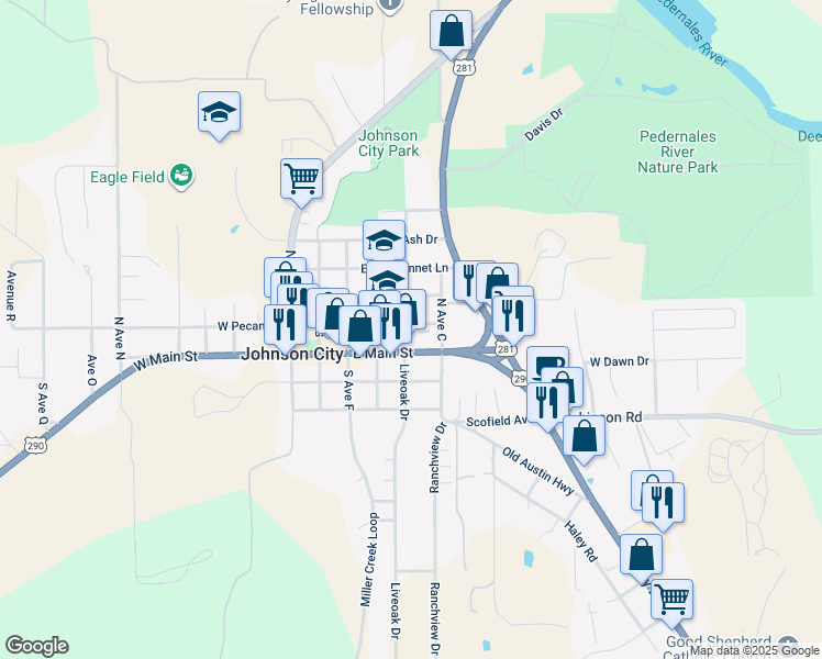 map of restaurants, bars, coffee shops, grocery stores, and more near 106 Lbj Drive in Johnson City