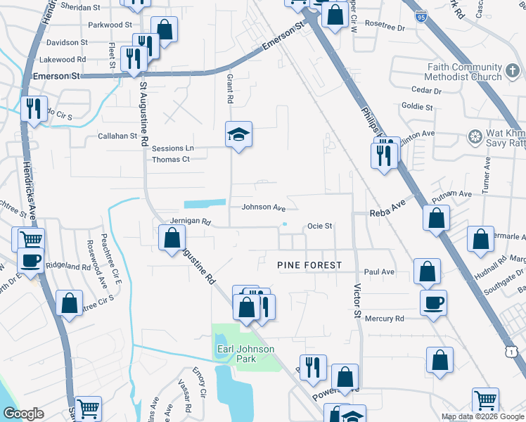 map of restaurants, bars, coffee shops, grocery stores, and more near 2416 Johnson Avenue in Jacksonville