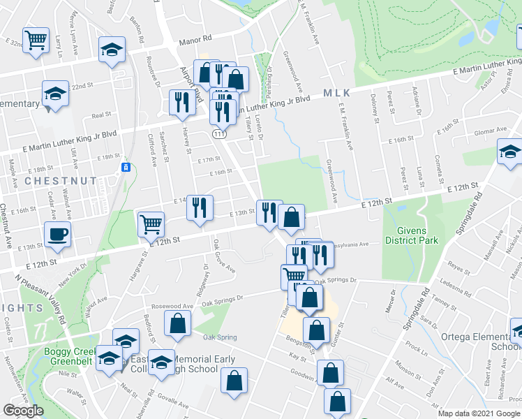 map of restaurants, bars, coffee shops, grocery stores, and more near Airport Boulevard & East 13th Street in Austin