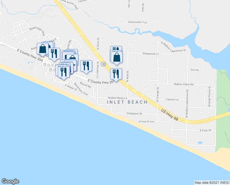 map of restaurants, bars, coffee shops, grocery stores, and more near 288 Walton Rose Lane in Rosemary Beach