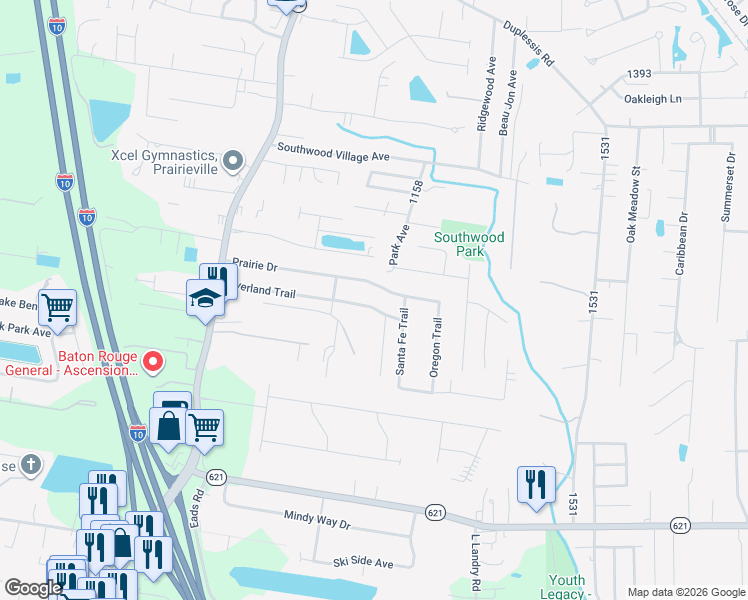 map of restaurants, bars, coffee shops, grocery stores, and more near 37394 Overland Trail in Prairieville