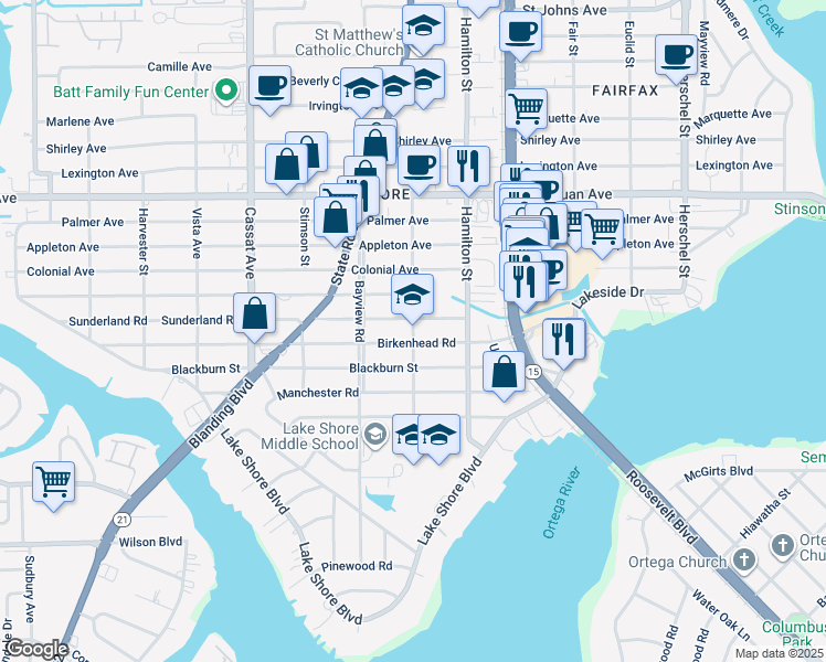 map of restaurants, bars, coffee shops, grocery stores, and more near 2251-2299 Jersey St in Jacksonville
