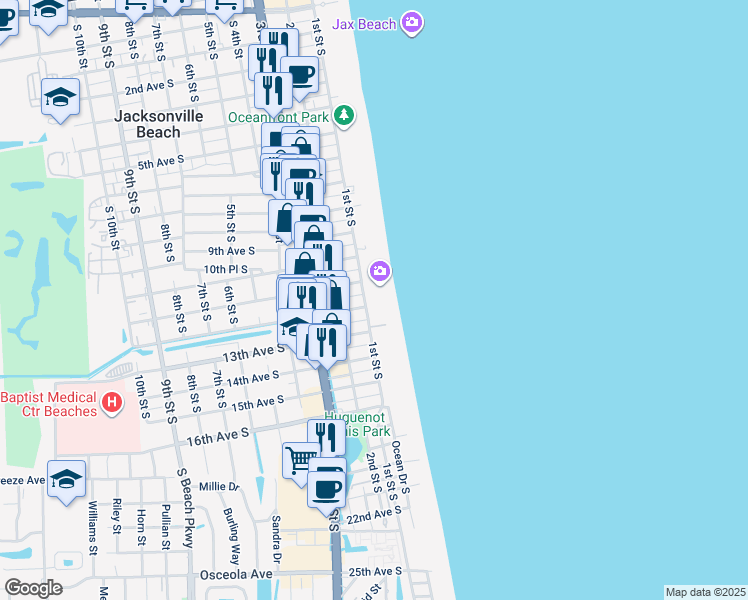map of restaurants, bars, coffee shops, grocery stores, and more near 15 12th Avenue South in Jacksonville Beach