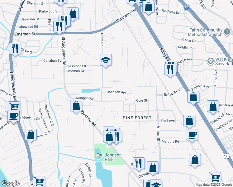 map of restaurants, bars, coffee shops, grocery stores, and more near 2416 Johnson Avenue in Jacksonville